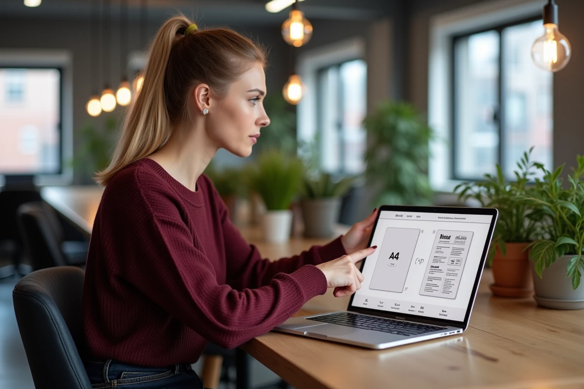 Jeune femme en espace de coworking comparant des formats d'affiche A4 A3 et A0 sur ordinateur