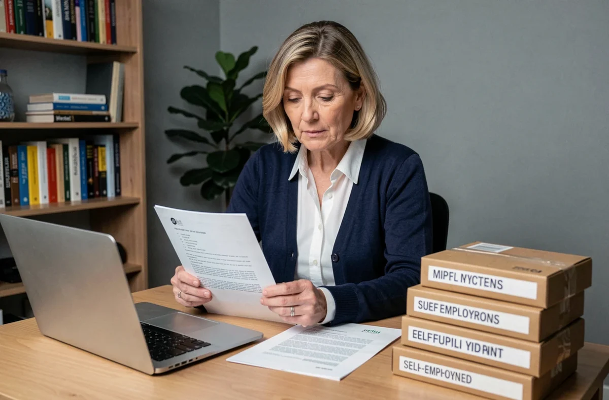 Femme examinant un contrat de travail à domicile emballage entre statut salarié et indépendant dans un bureau à domicile