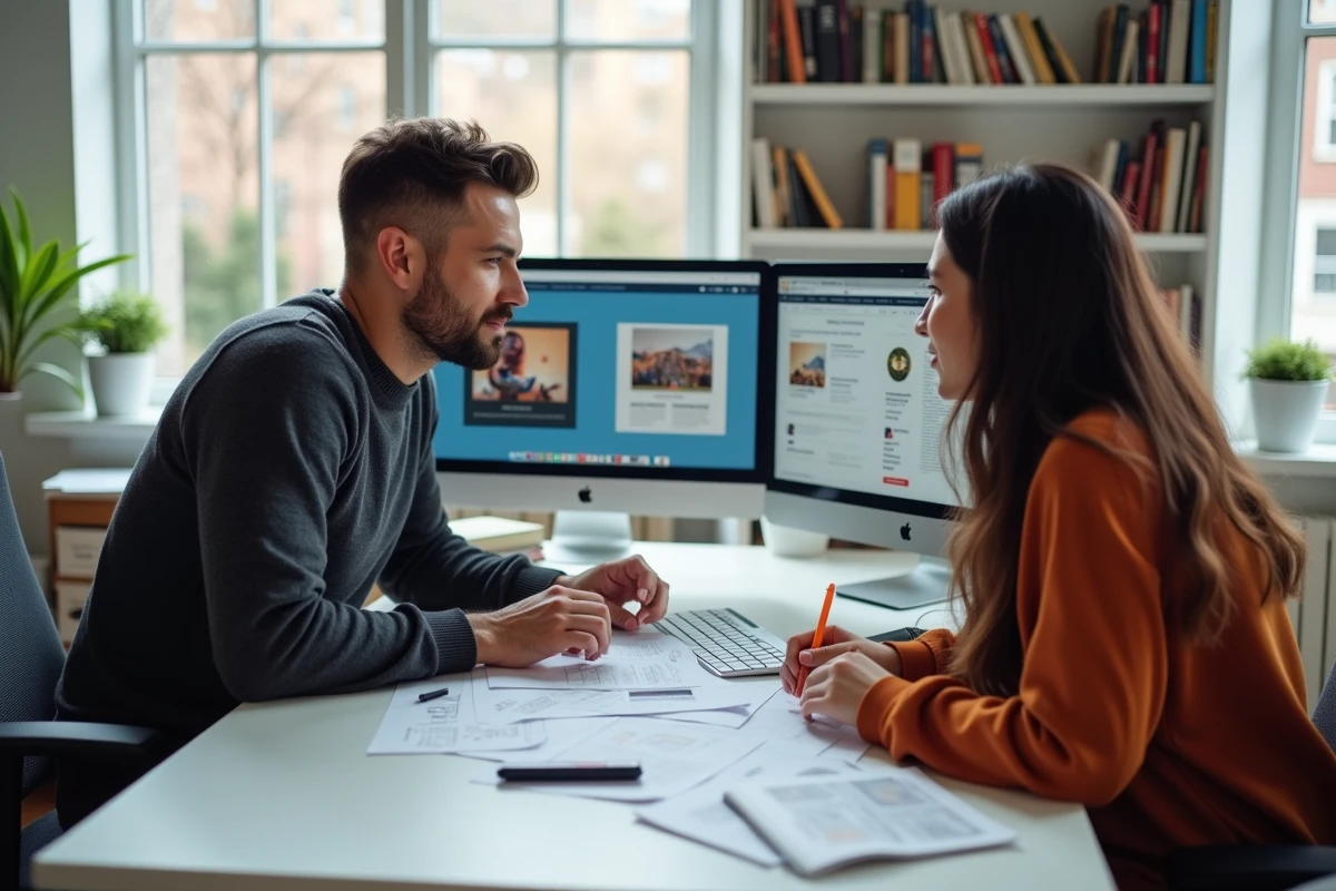 Deux collaborateurs d'une agence web travaillant ensemble sur des maquettes de site internet pour assurer une visibilité durable