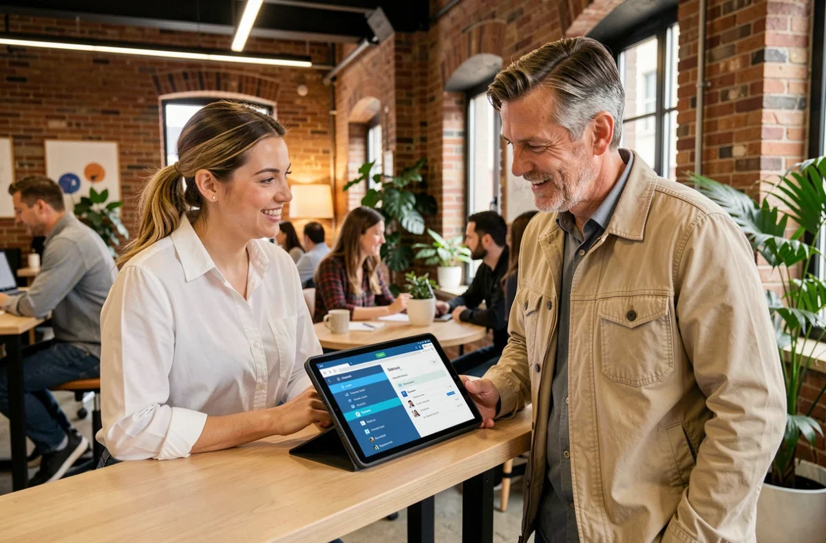 Deux collègues comparant l'intranet MFR et la messagerie email sur une tablette dans un espace de coworking