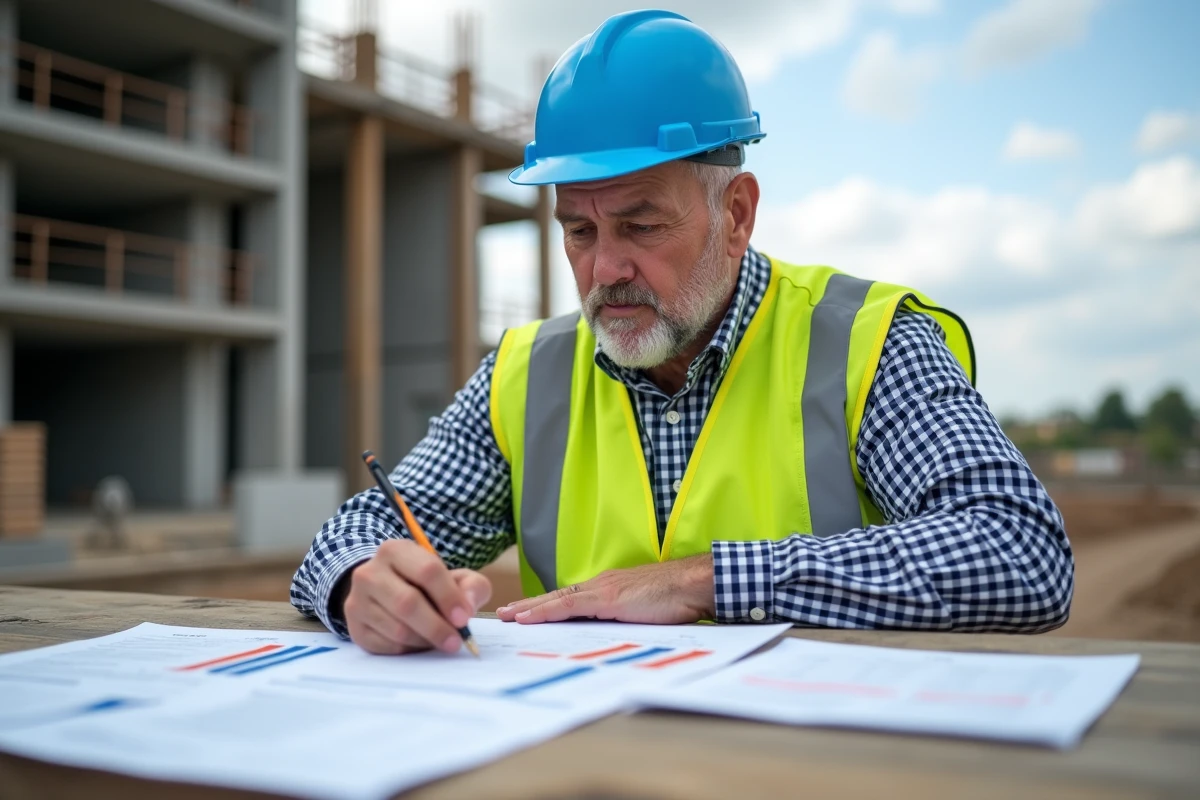 Chef de chantier comparant plusieurs devis BTP sur un chantier de construction