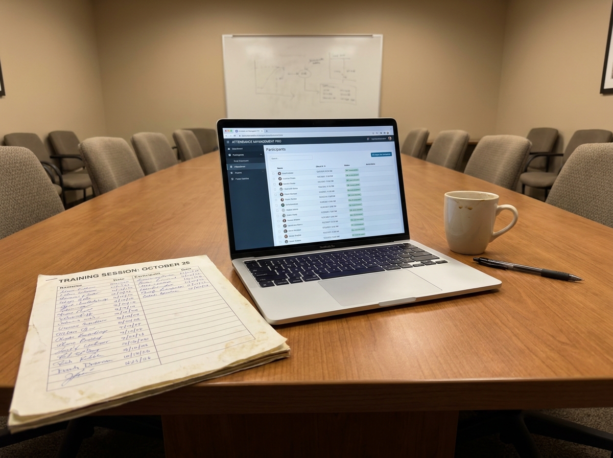 Comparaison entre une feuille d'émargement papier et un logiciel d'émargement digital sur ordinateur portable posés sur une table de salle de formation