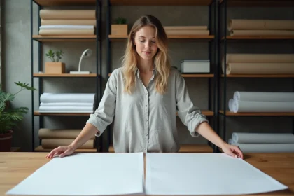 Graphiste comparant des affiches en format A4, A3 et A0 sur une table de studio créatif