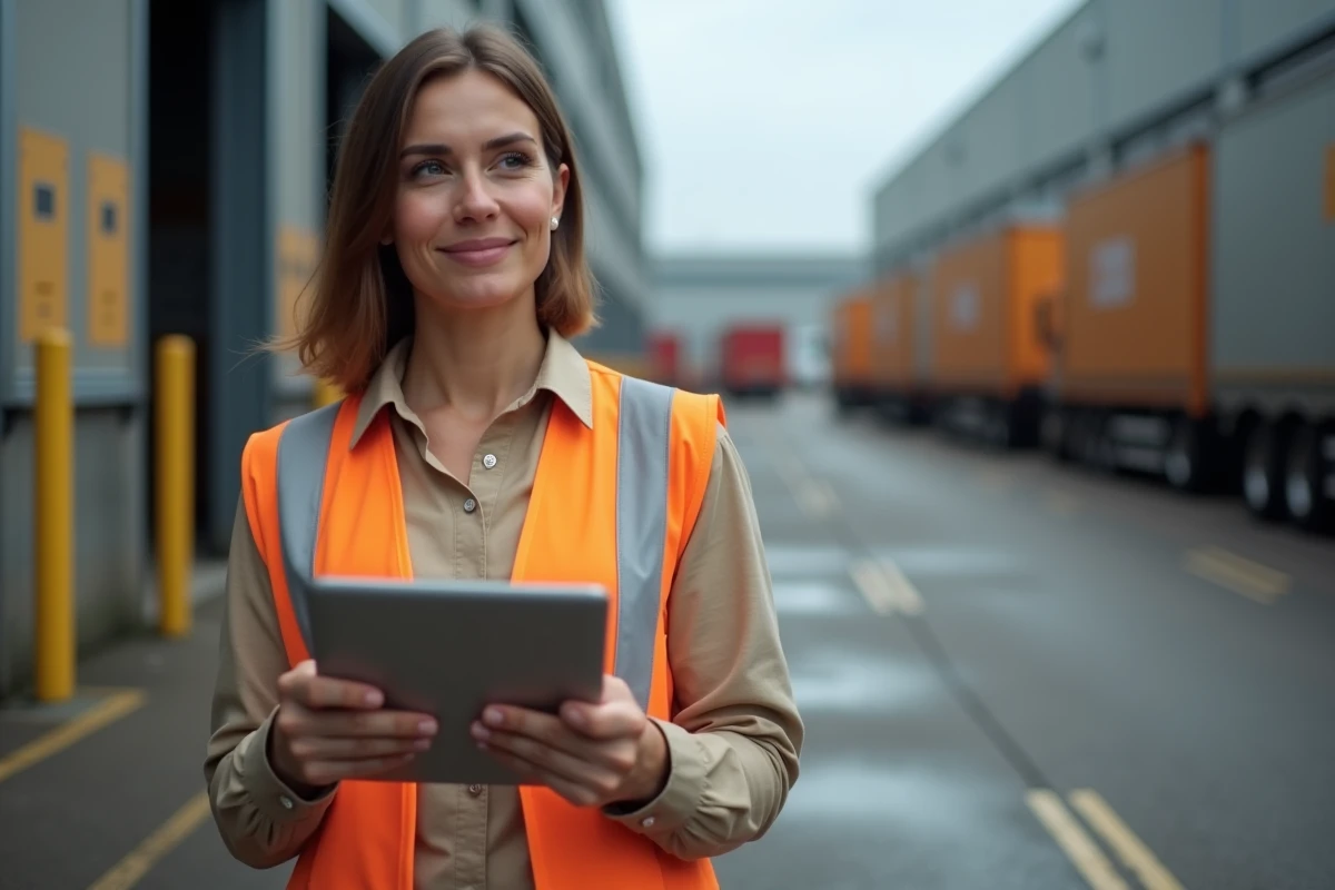 Responsable logistique comparant les taux horaires intérimaires et salariés sur tablette dans un entrepôt de transport