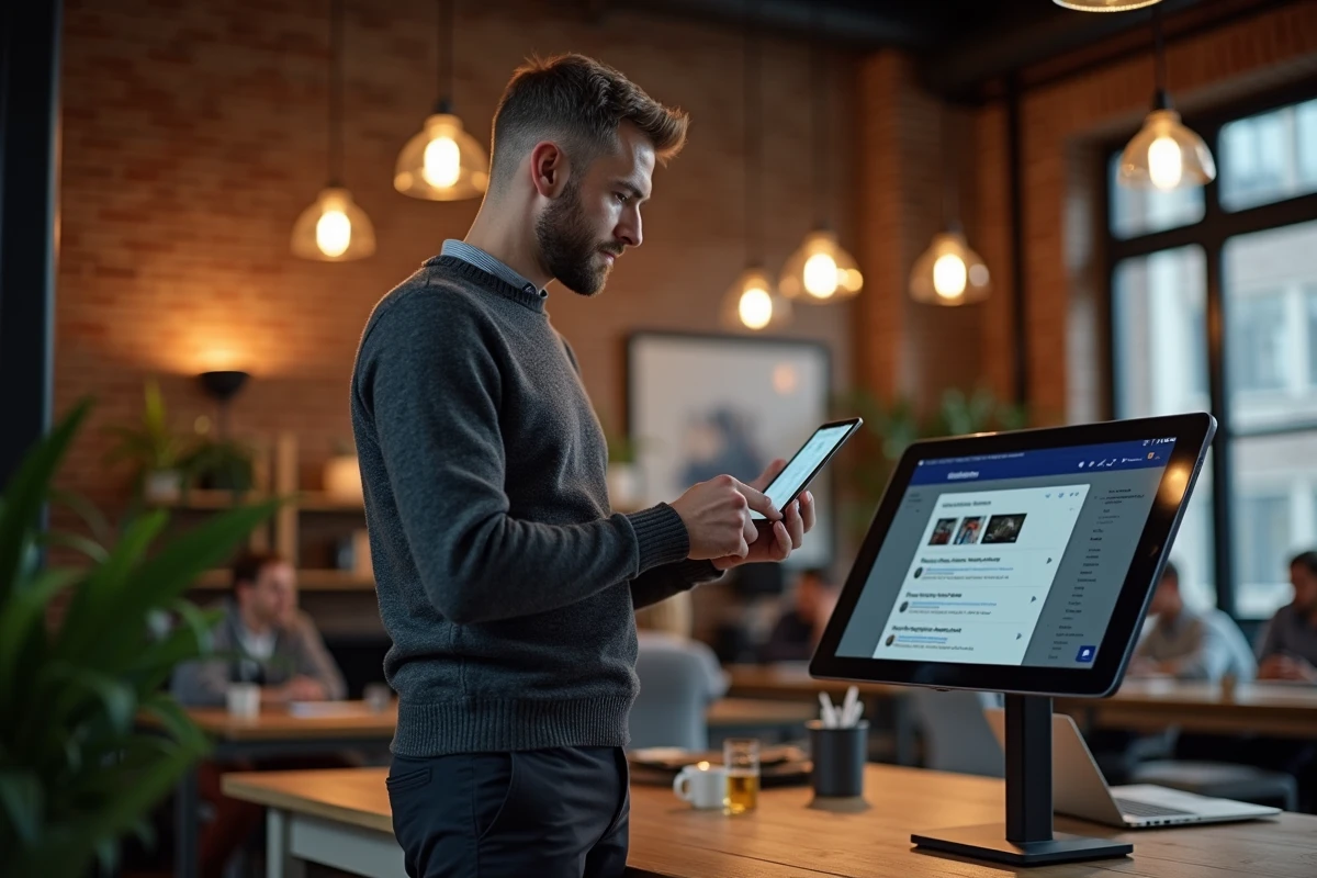 Analyste business paramétrant des alertes de veille sectorielle sur tablette dans un espace coworking