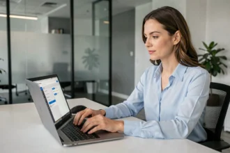 Employée connectée à son espace RH Octime sur un ordinateur portable dans un bureau moderne