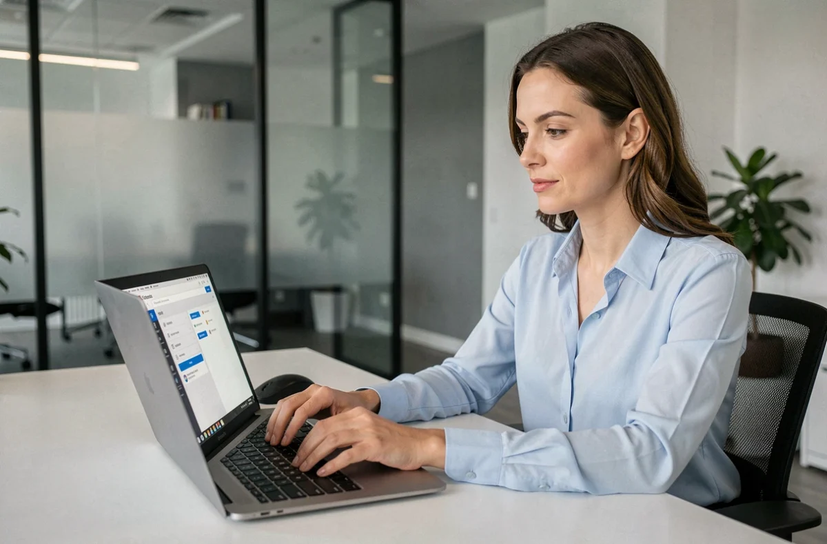 Employée connectée à son espace RH Octime sur un ordinateur portable dans un bureau moderne