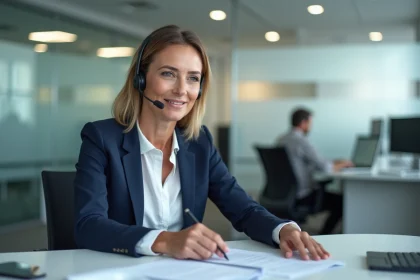 Conseillère service client ADL Partner au téléphone dans un bureau professionnel moderne