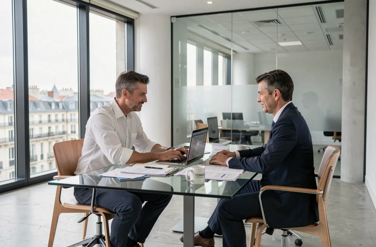 Consultant indépendant en réunion avec un conseiller en portage salarial dans un centre d'affaires à Lyon