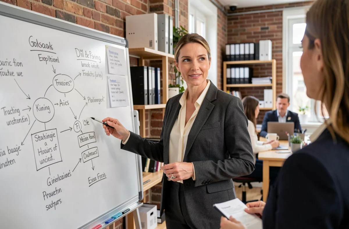 Consultante en gestion d'entreprise présentant des solutions stratégiques à un dirigeant dans un espace de coworking à Toulouse