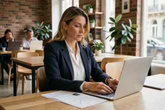 Consultante en portage salarial travaillant sur des documents administratifs dans un espace de coworking à Meaux