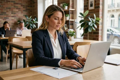 Consultante en portage salarial travaillant sur des documents administratifs dans un espace de coworking à Meaux