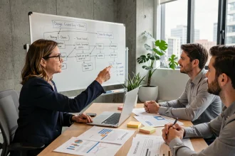 Consultante en stratégie expliquant un plan d'affaires à une équipe de PME devant un tableau blanc dans un bureau moderne