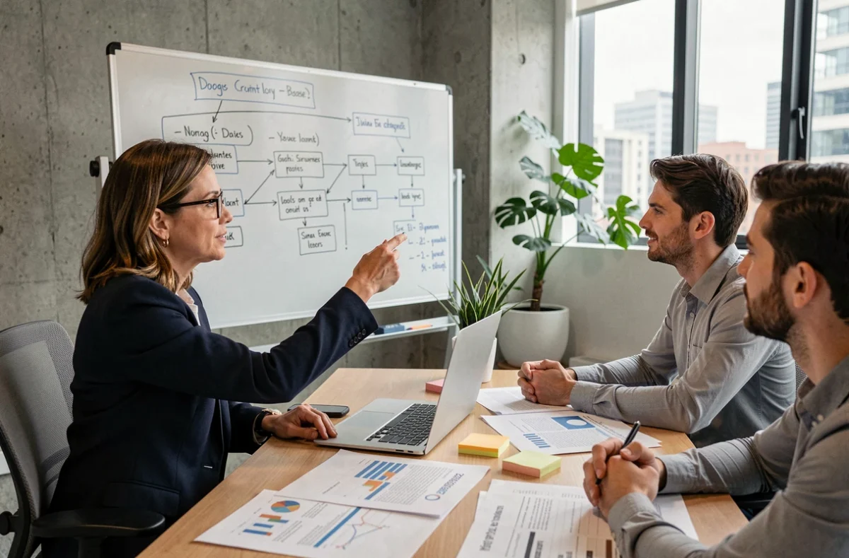 Consultante en stratégie expliquant un plan d'affaires à une équipe de PME devant un tableau blanc dans un bureau moderne