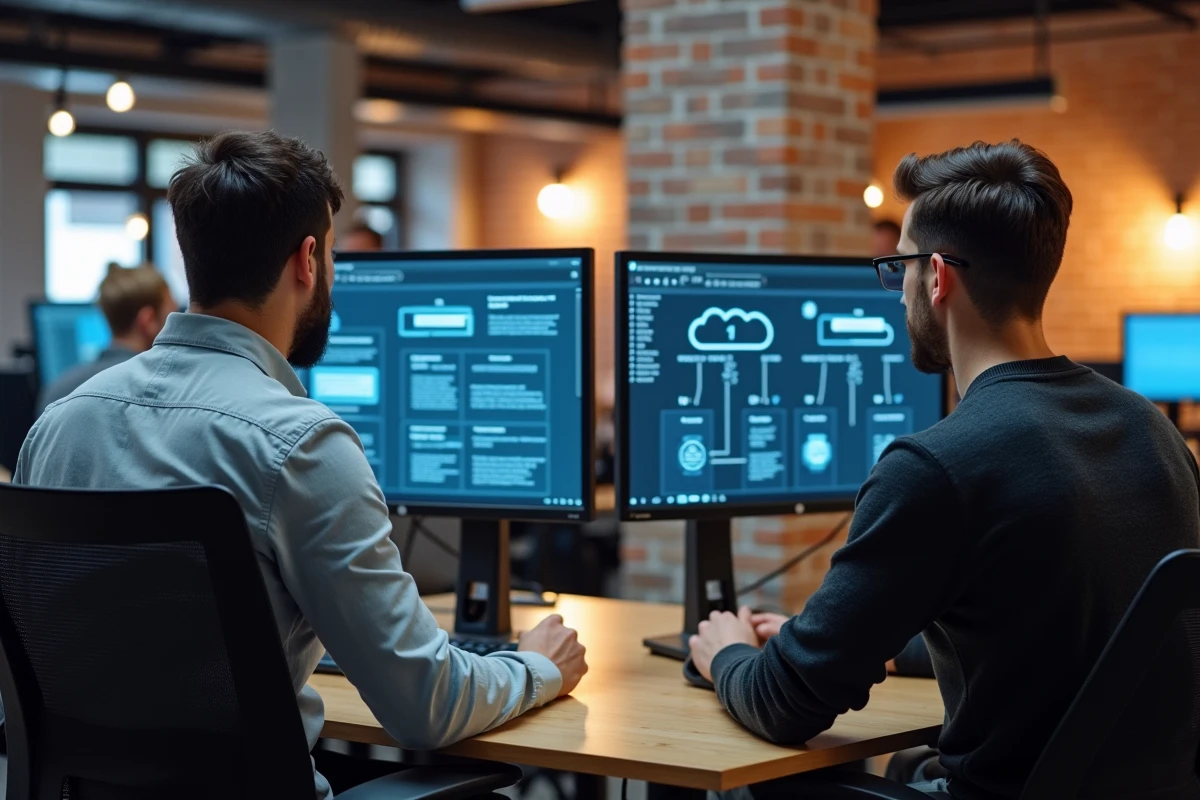 Consultants IT analysant une architecture cloud et un plan de migration numérique dans un espace de travail entreprise moderne