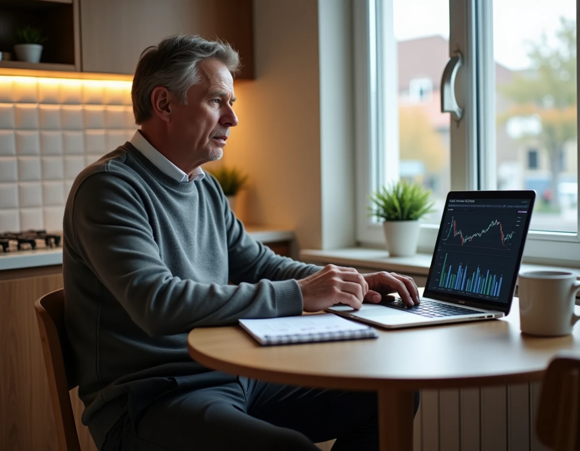 Homme consultant des statistiques économiques régionales sur un ordinateur portable depuis son domicile