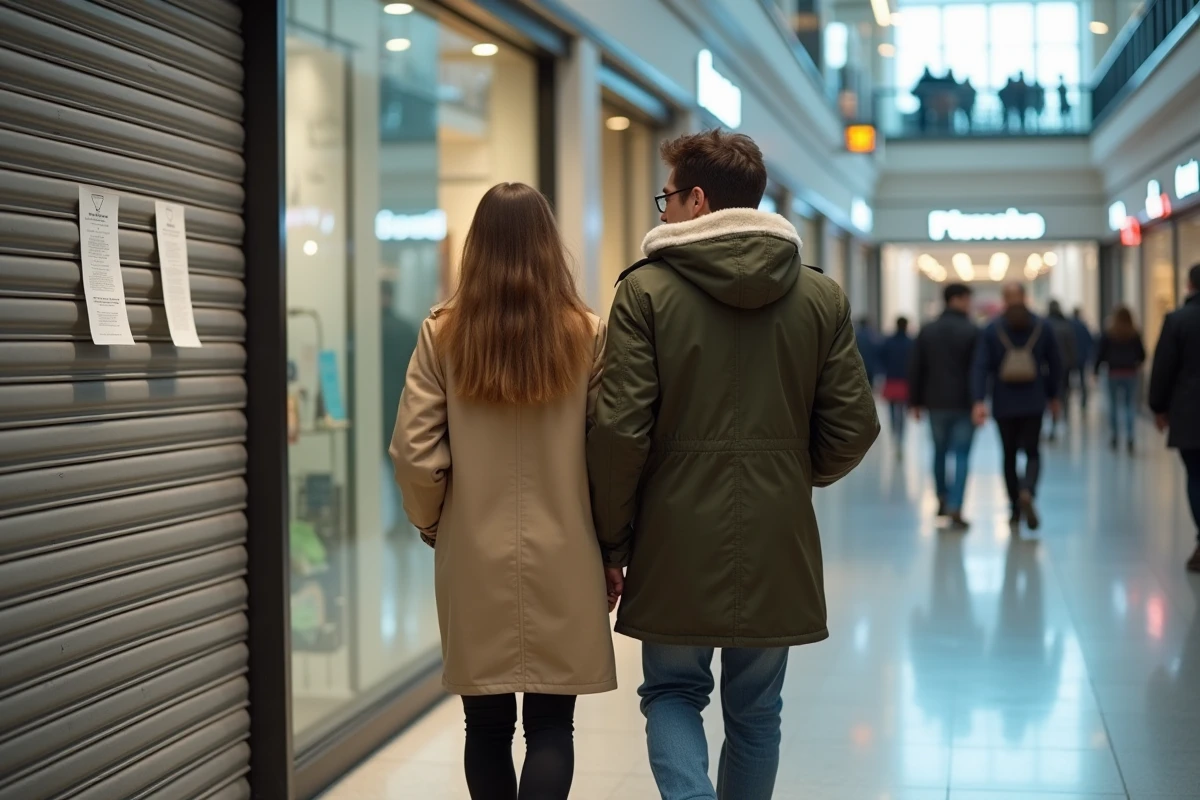 Couple lisant un avis de fermeture affiché sur la vitrine d'un magasin dans un centre commercial