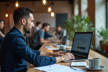 Concepteur web d'une agence digitale travaillant sur la création d'un site internet moderne dans un bureau contemporain