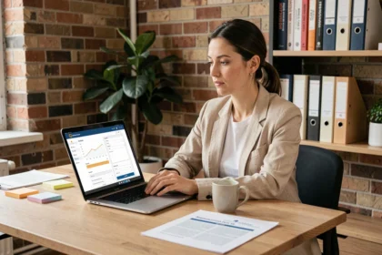 Créatrice d'entreprise concentrée devant un tableau de bord de plateforme en ligne pour lancer son activité
