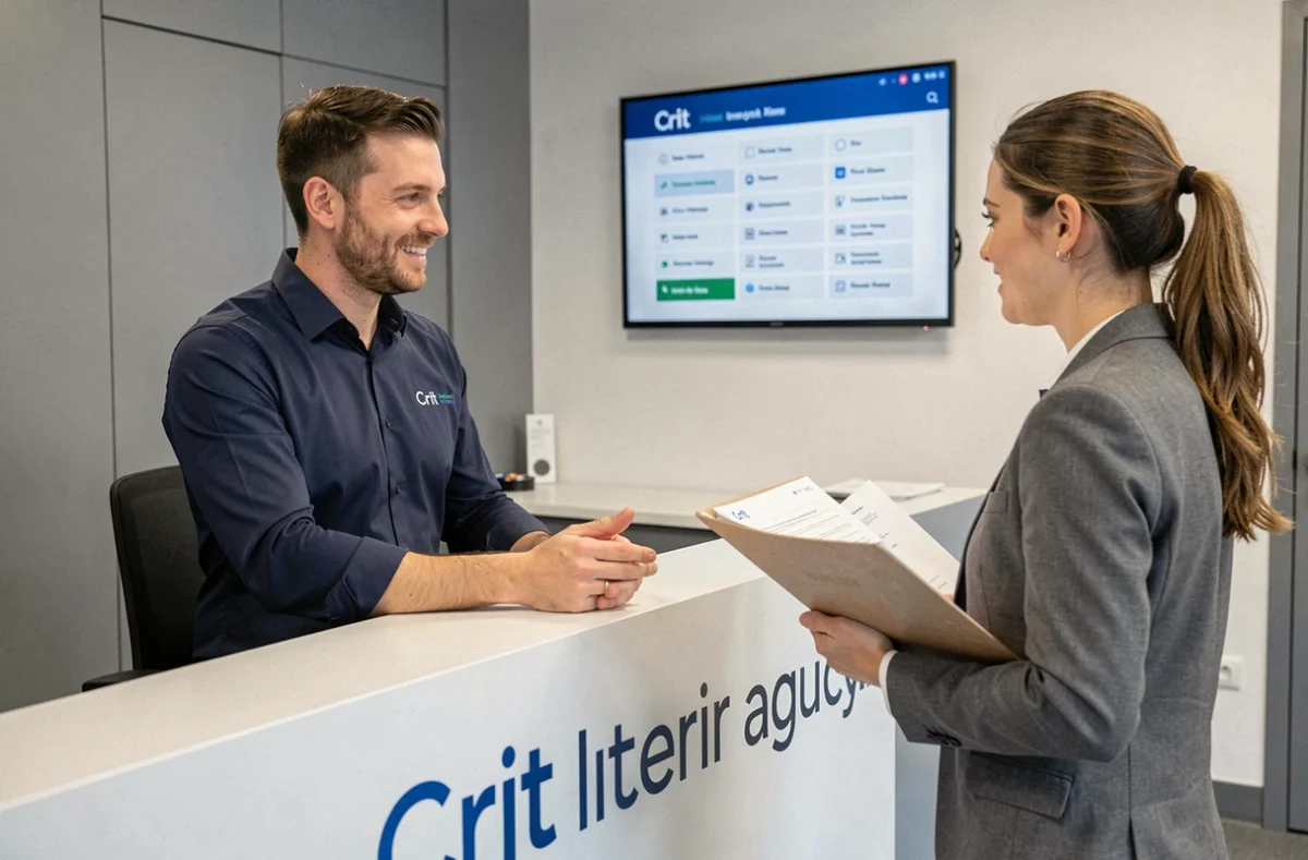 Réceptionniste de l'agence Crit accueillant une candidate dans une agence d'intérim à Nîmes