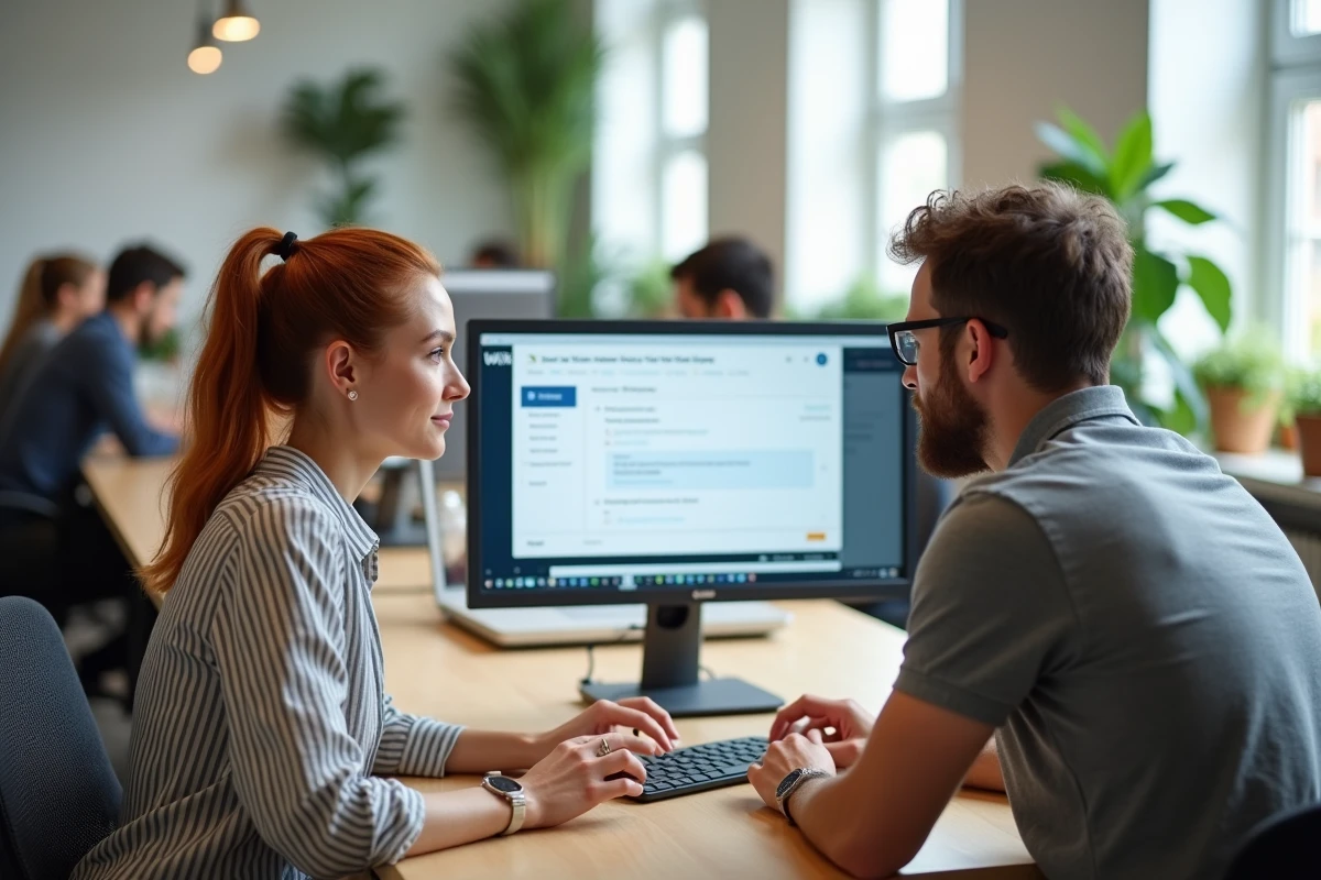 Deux collègues discutent du déploiement d'un widget live chat sur un site Wix dans un espace de coworking