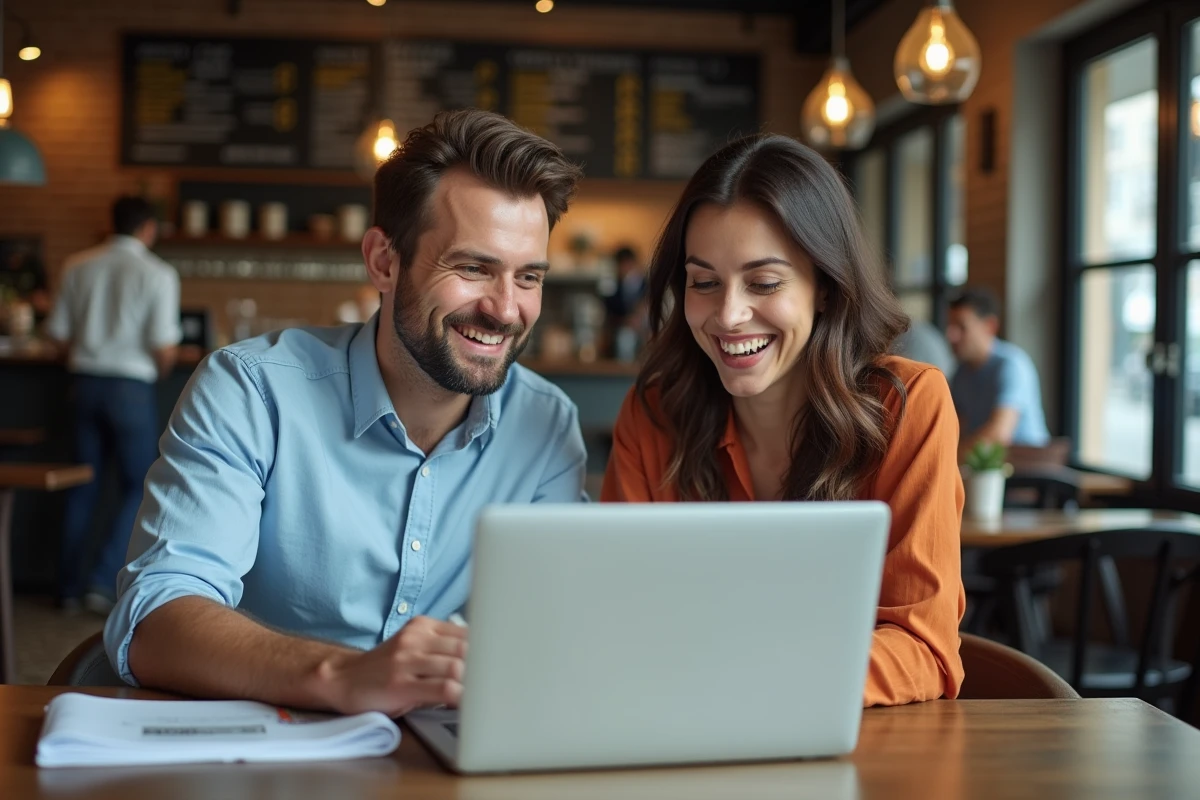 Deux entrepreneurs collaborant autour d'un guide business numérique gratuit dans un café parisien