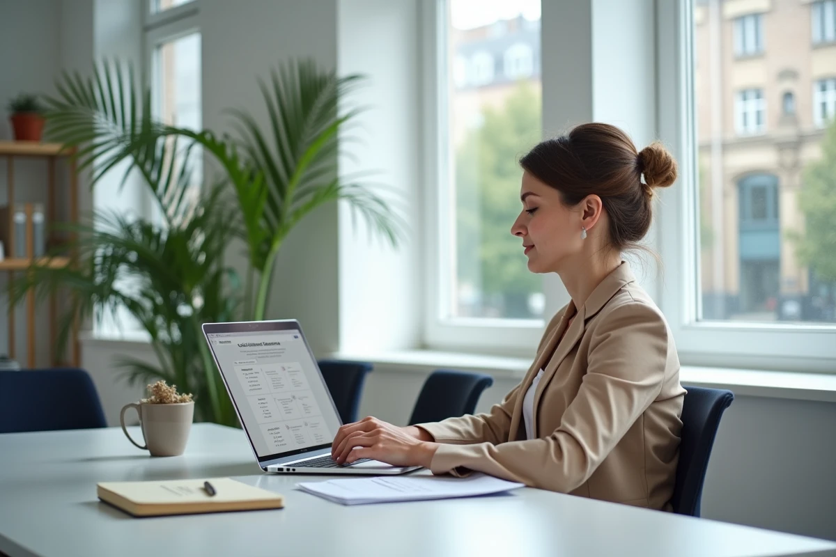 Femme comparant des offres de devis BTP gratuits sur un site internet depuis son bureau