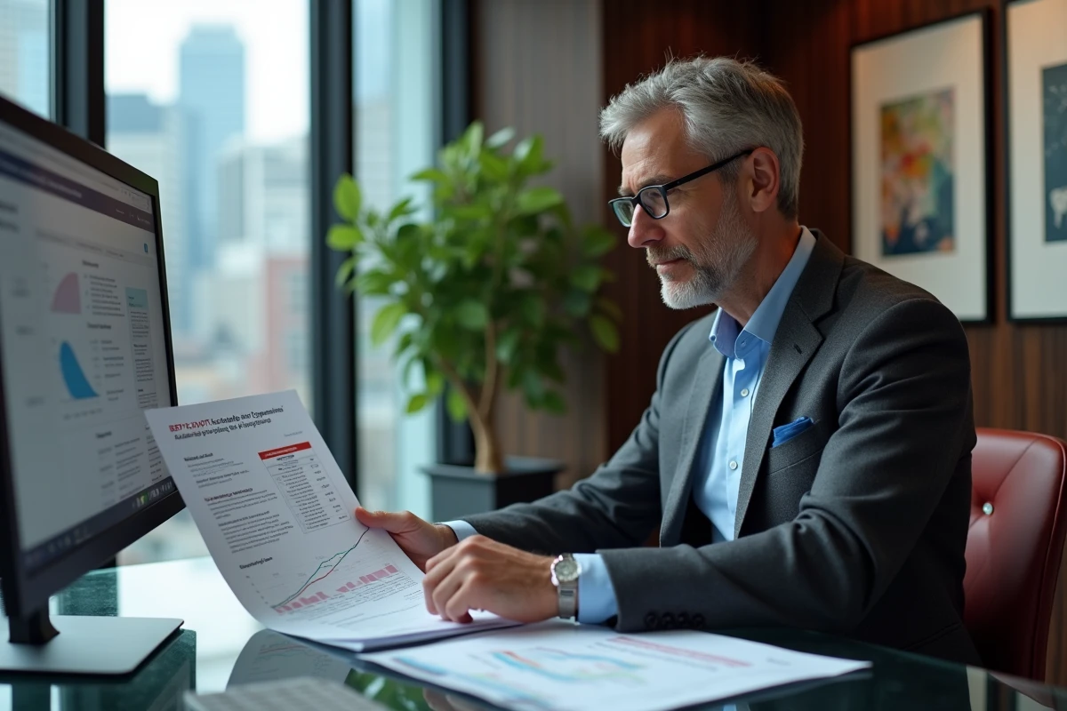 Dirigeant d'entreprise analysant un rapport de stratégie de croissance B2B et des données de funnel d'acquisition dans un bureau exécutif