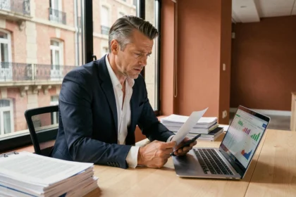 Dirigeant d'entreprise toulousain débordé par ses tâches administratives dans un bureau moderne avec vue sur la ville rose