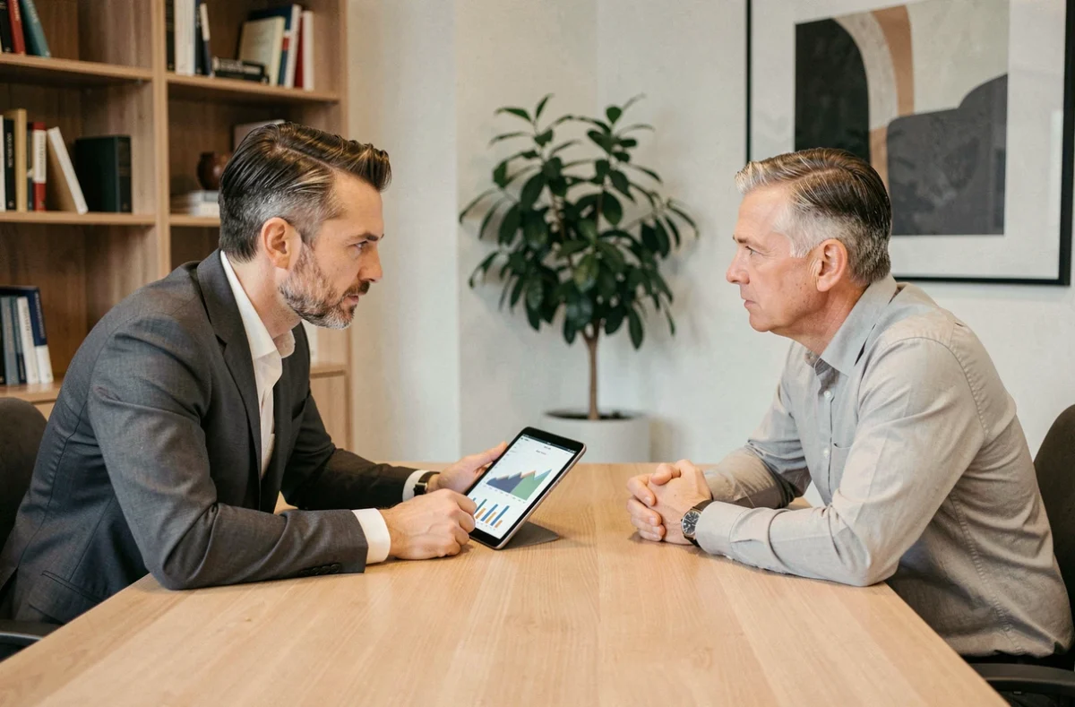Deux dirigeants d'entreprise en discussion stratégique B2B autour d'une tablette avec données commerciales