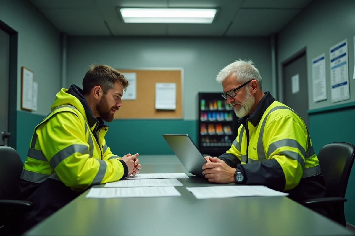 Deux chauffeurs routiers discutant des évolutions du taux horaire 2026 dans la salle de pause d'une entreprise de transport