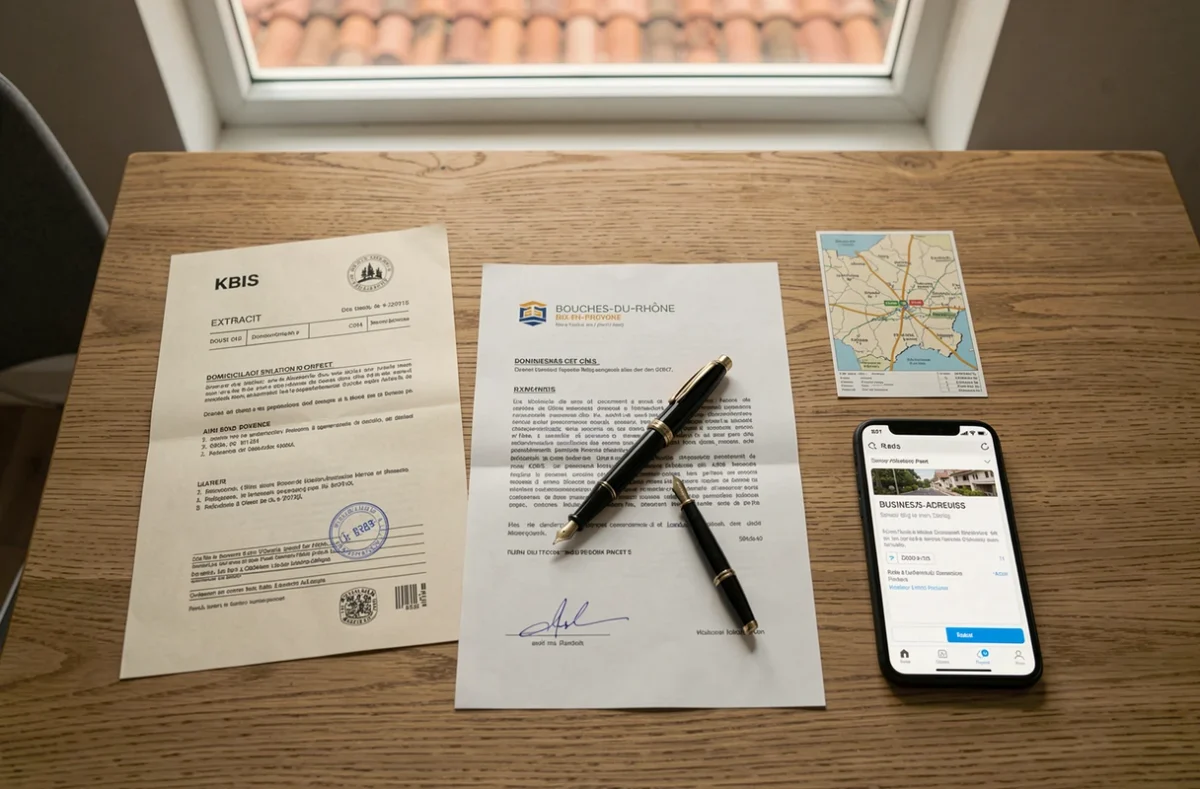 Flat-lay des documents administratifs requis pour domicilier une entreprise à Aix-en-Provence dont un extrait KBIS et un contrat de domiciliation