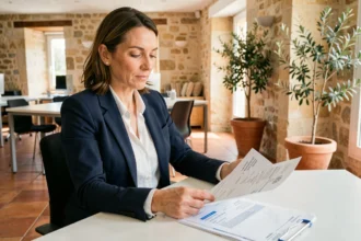 Femme d'affaires consultant des documents de domiciliation d'entreprise dans un espace de coworking à Aix-en-Provence avec architecture provençale