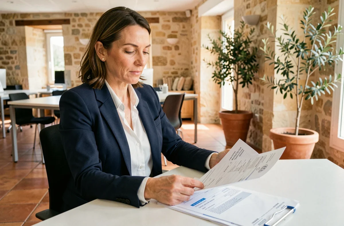 Femme d'affaires consultant des documents de domiciliation d'entreprise dans un espace de coworking à Aix-en-Provence avec architecture provençale