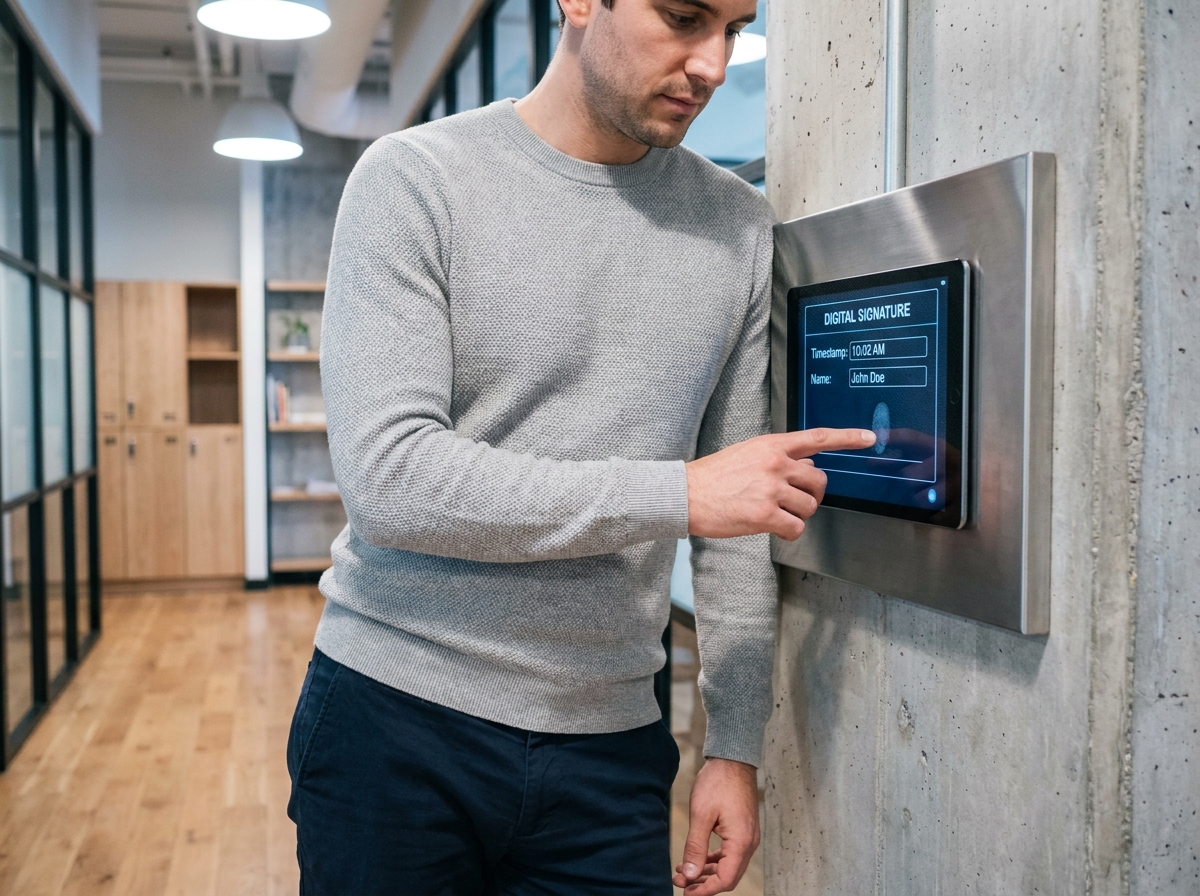 Homme utilisant une tablette pour signer numériquement une feuille d'émargement digitale à l'entrée d'un coworking
