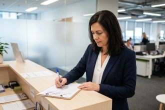 Femme signant une feuille d'émargement papier à un bureau de réception dans un bureau moderne