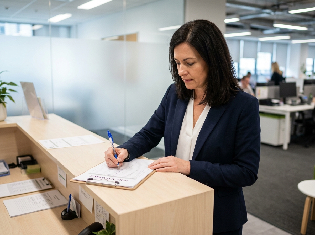 Femme signant une feuille d'émargement papier à un bureau de réception dans un bureau moderne