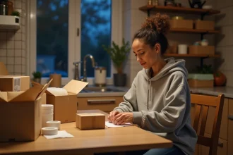 Femme emballant des produits à domicile le soir pour un complément de revenu