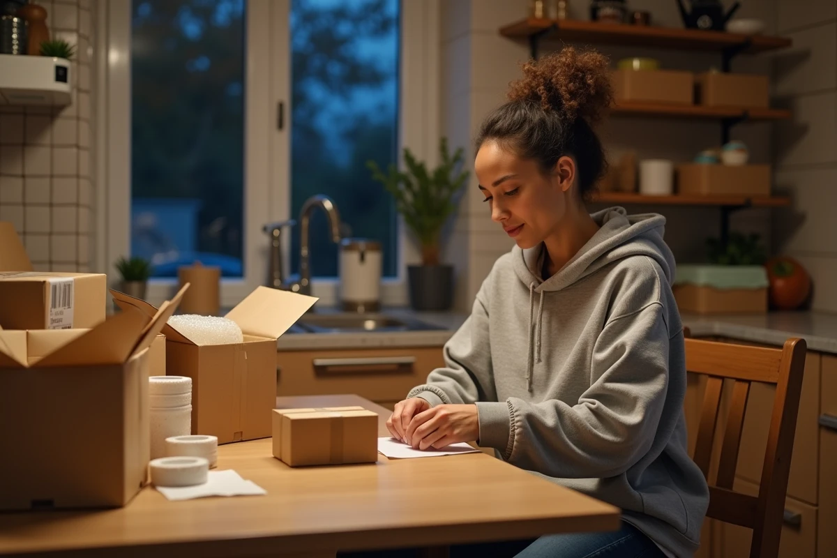 Femme emballant des produits à domicile le soir pour un complément de revenu