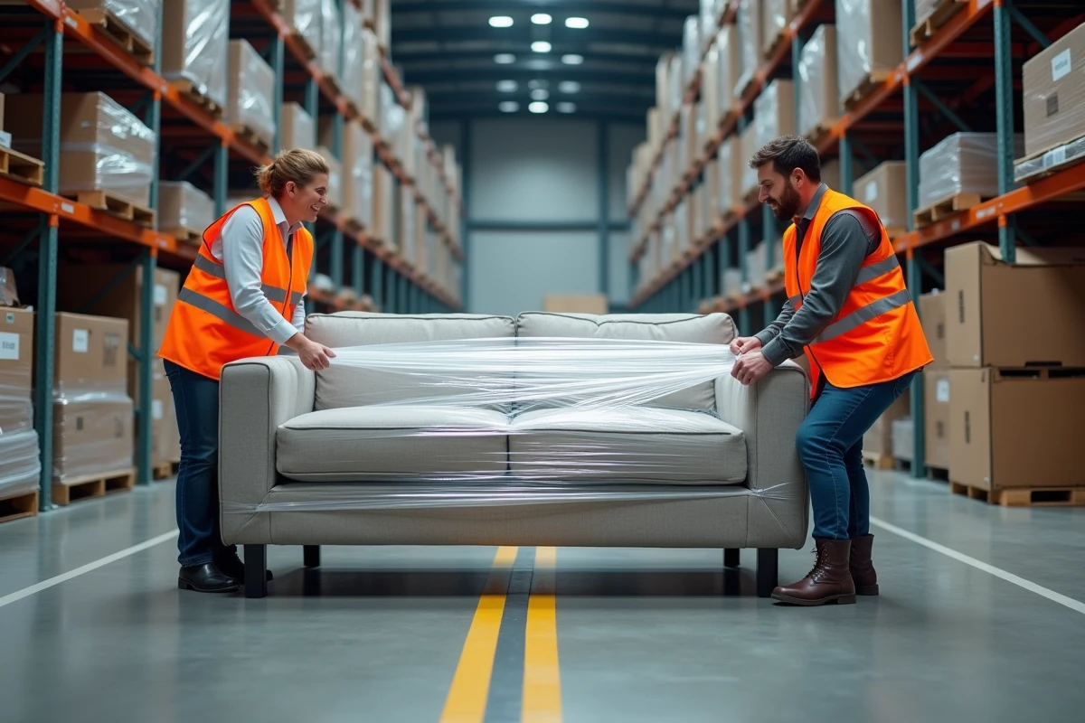 Deux employés d'entrepôt emballant un canapé volumineux avec du film étirable dans un centre logistique