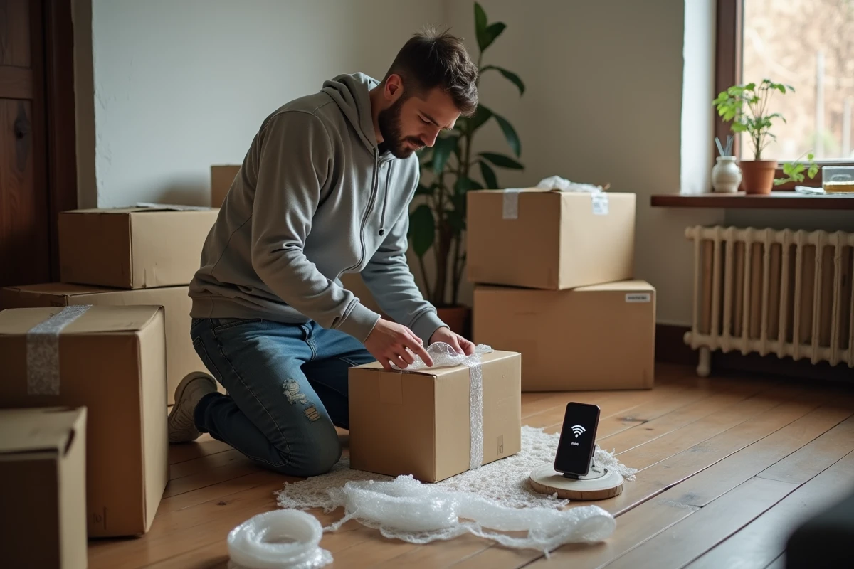 Homme emballant des colis dans un salon rural avec une connexion Wi-Fi limitée visible sur son smartphone
