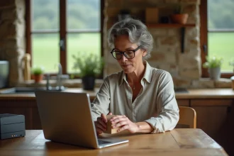 Femme emballeuse à domicile travaillant dans une cuisine de ferme à la campagne avec un ordinateur portable et des colis à expédier
