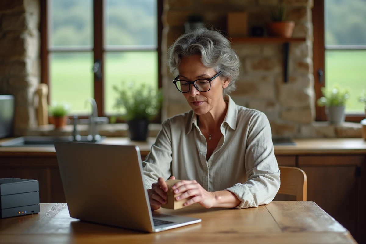 Femme emballeuse à domicile travaillant dans une cuisine de ferme à la campagne avec un ordinateur portable et des colis à expédier