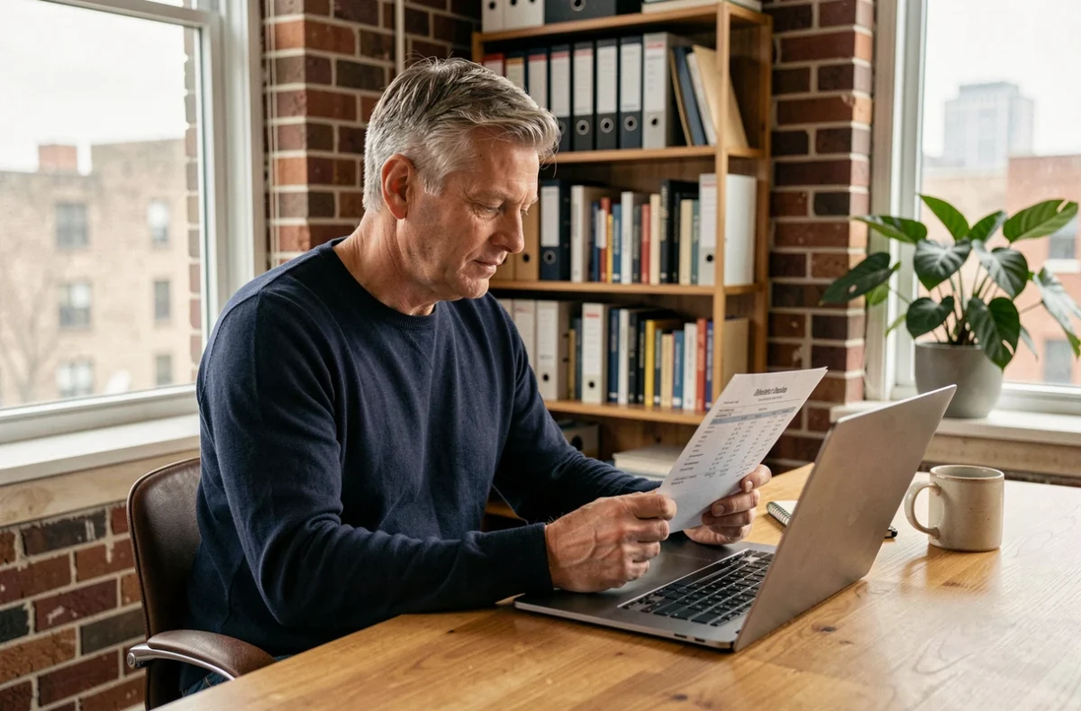 Employé vérifiant sa fiche de paie numérique sur laptop dans un bureau à domicile moderne
