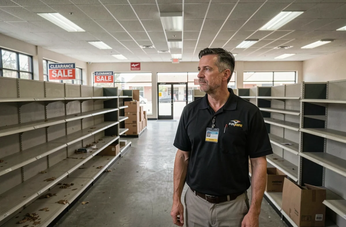 Employé de magasin devant des rayons vides lors de la fermeture définitive d'un commerce de détail