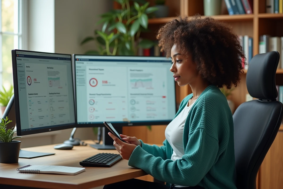 Employée RH en télétravail consultant son téléphone face à une erreur de connexion sur le tableau de bord RH