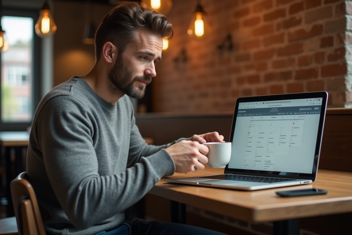 Entrepreneur consultant planifiant des événements professionnels gratuits sur son agenda numérique dans un café moderne