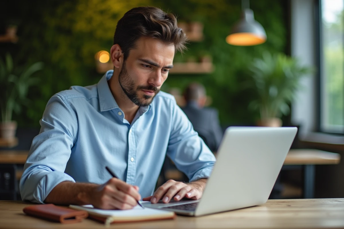 Entrepreneur masculin prenant des notes sur sa stratégie de croissance durable dans un espace de coworking moderne