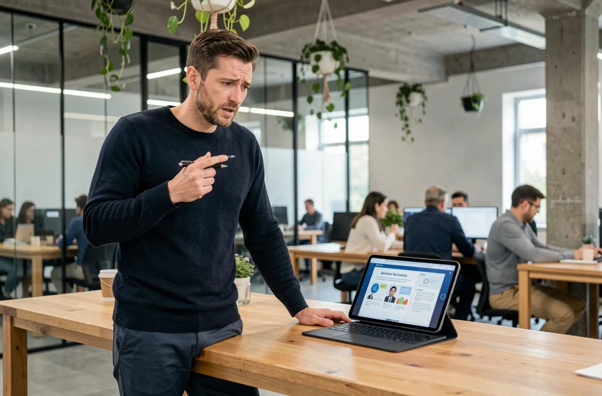 Entrepreneur en espace de coworking consultant un guide simplifié de création d'entreprise sur tablette