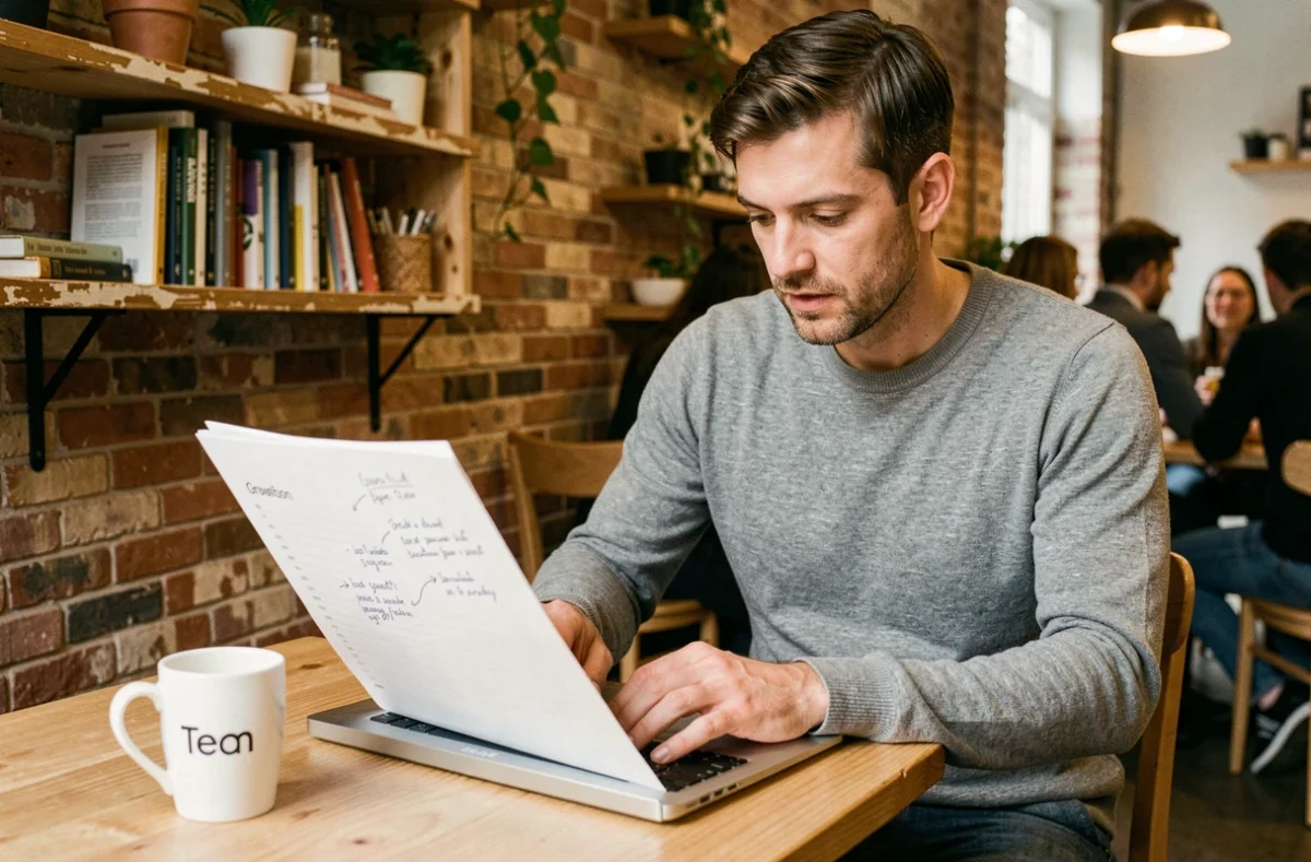 Entrepreneur indépendant analysant une stratégie de croissance pour sa PME dans un café avec des documents annotés